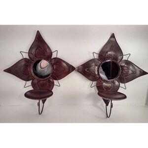 Set of 2 Metal Flower Candle Holder Sconce Red & Brown Wall Hanging Mirror Decor